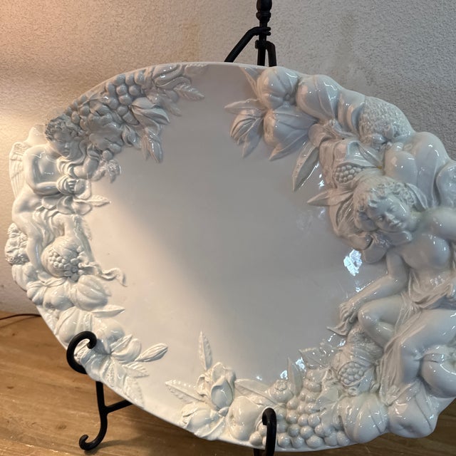 White 1980s Italian Ceramic Platter Made for Gumps. Fruit and Cherubs For Sale - Image 8 of 12