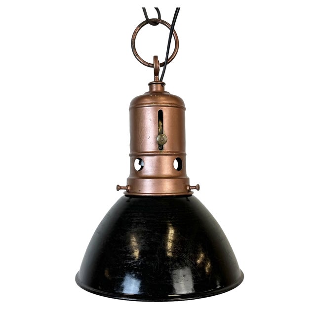Industrial Italian Black Enamel Factory Lamp with Iron Top, 1950s For Sale