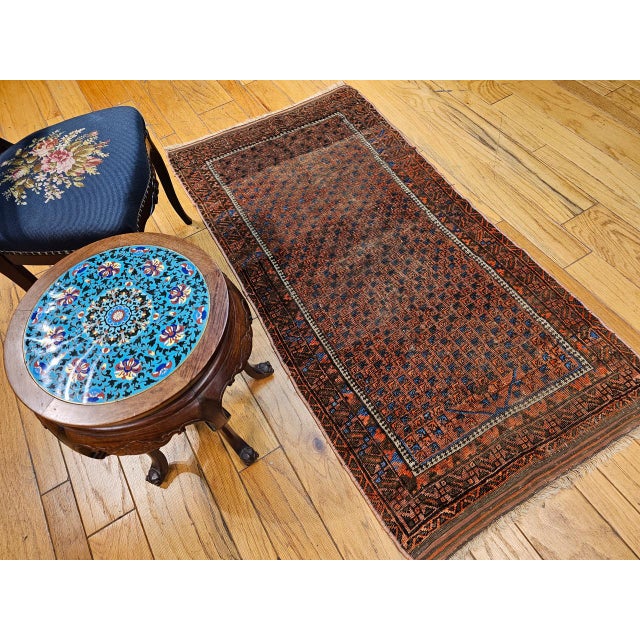 Brown 19th Century Turkmen Yomut Area Rug in Allover Geometric Pattern in Dark Red, Brown, French Blue For Sale - Image 8 of 18