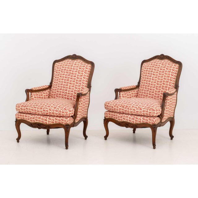 Pair of Louis XV Style Red and White Fabric Upholstered Walnut Bergeres For Sale - Image 4 of 13
