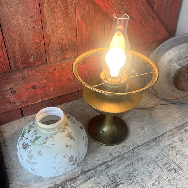 Vintage Brass Electric Lamp With Floral Glass Shade For Sale - Image 11 of 14