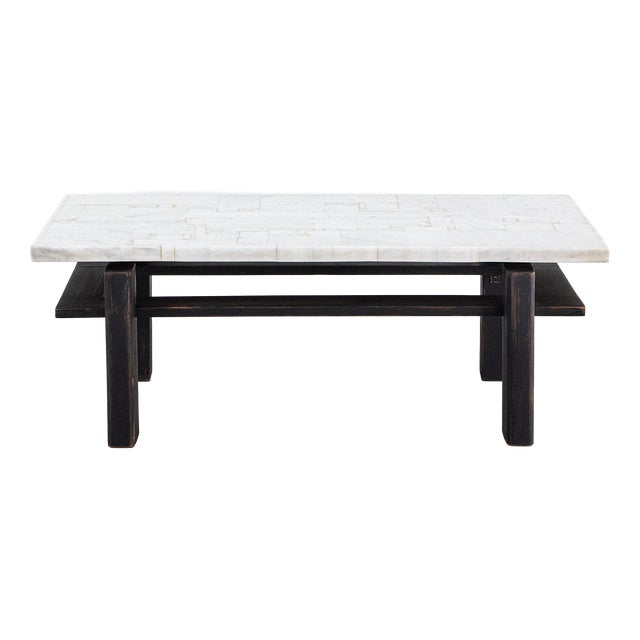 Artisan Wooden Coffee Table with Marble Top, 1970s For Sale