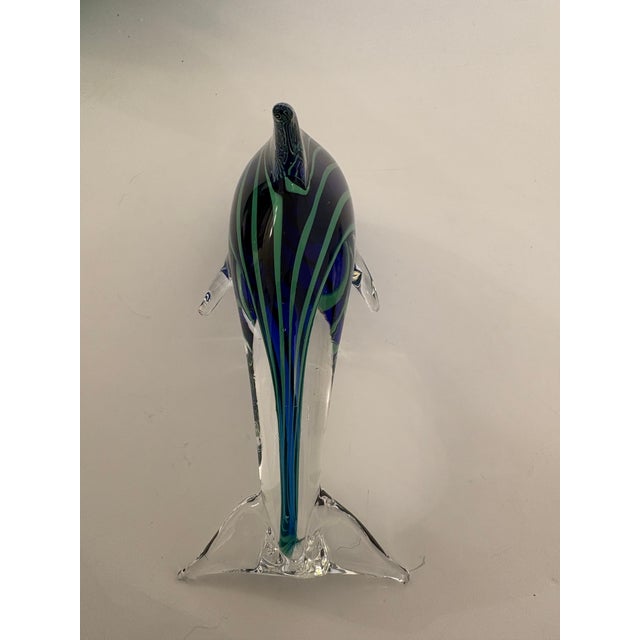 Mid-Century Modern Vintage Blue-N-Green Striped Murano Style Hand Blown Glass Dolphin For Sale - Image 3 of 7