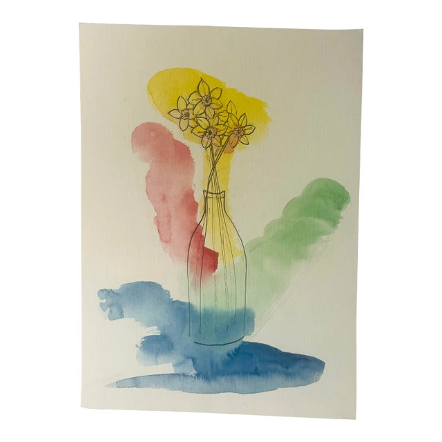 Vintage Parisian Watercolor Vase of Flowers Sketch - Student Drawn For Sale