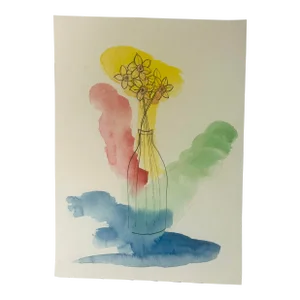 Vintage Parisian Watercolor Vase of Flowers Sketch - Student Drawn