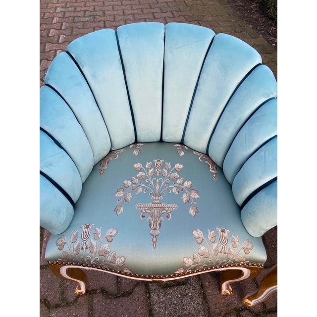 1980s French Louis XV Style Gilded Beech Side Chairs Artisan Crafted | Sky Blue Velvet | Set of 2 This refined pair of...