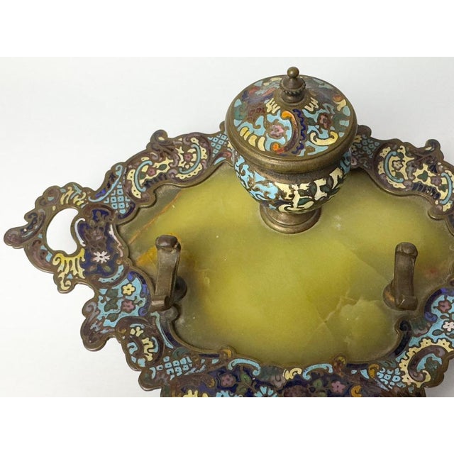 Silver French Napoleon III Champlevé Enamel Inkwell on Tray, 1800s For Sale - Image 8 of 14