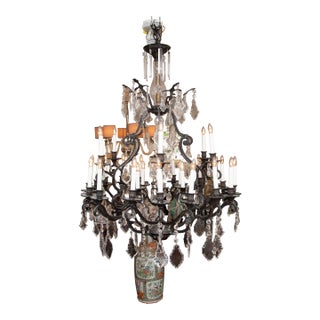 Large 30 Light Iron and Crystal Hanging Chandelier For Sale
