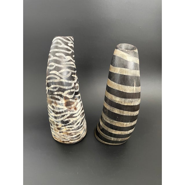 Mid 20th Century Set of 2 Vintage Burnished Large Horn Vases For Sale - Image 5 of 14