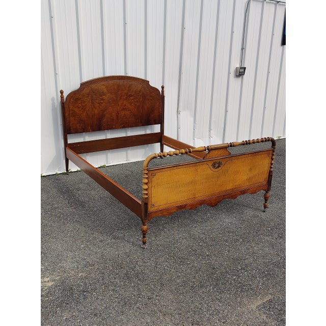 Vintage Jacobean Revival Walnut & Maple Full/Double Size Bed Frame For Sale - Image 10 of 12