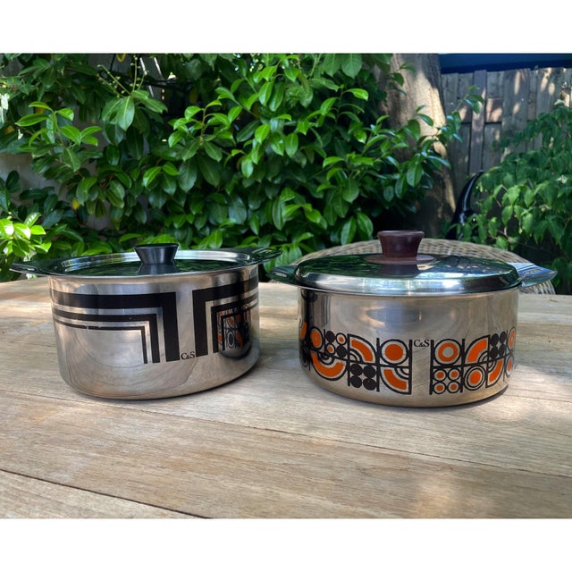 Orange and Brown Enameled Stainless Steel Pots from C&S of France, 1970s, Set of 2 For Sale - Image 16 of 18