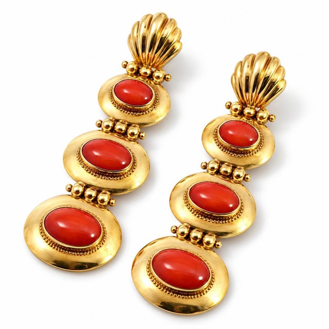 Mid 20th Century Vintage 18k Yellow Gold 3-Station Cabochon Coral Shell Dangle Drop Earrings, Pair For Sale - Image 5 of 5