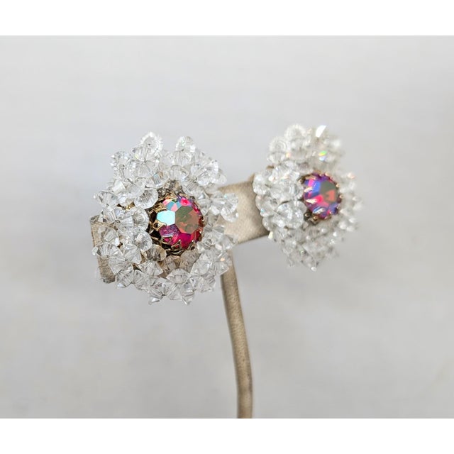 Mid-Century Modern Vintage 1960s Signed Vendome Aurora Borealis & Clear Beaded Clip Earrings-2 Pieces For Sale - Image 3 of 7