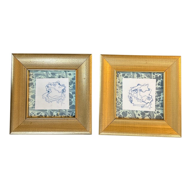 1980's Two Contemporary Original Wayne Cunningham Abstract Pen and Ink Drawings - Set of Two For Sale