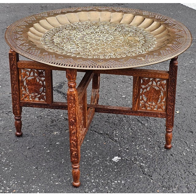 Brass Mid 20th Century Middle Eastern Carved Teak and Etched Brass Folding Tray Table For Sale - Image 8 of 14