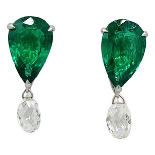 Emerald Pear & White Briolette Diamond Dangle Earrings in 18k White Gold, A Pair For Sale