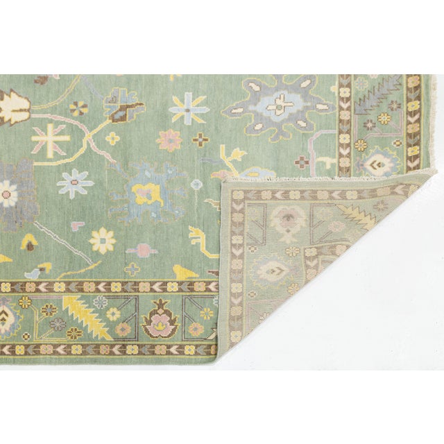 Modern Modern Sage Green Oushak Style Wool Area Rug With Pastel Geometric Floral Accent For Sale - Image 3 of 12