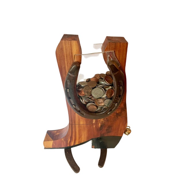 Rustic Vintage Western Folk Art Cowboy Boot Coin Bank With Horseshoe & Brass Bell – Handcrafted Rustic For Sale - Image 3 of 11