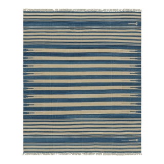 Rug & Kilim's Contemporary Dhurrie Rug in Blue and Beige Stripes - 12x16 For Sale