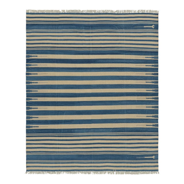 Rug & Kilim's Contemporary Dhurrie Rug in Blue and Beige Stripes - 12x16 For Sale