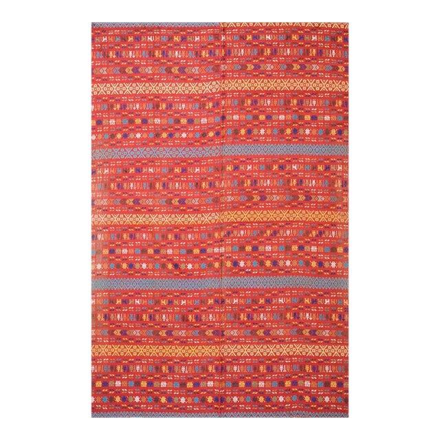 Outstanding Red Background Color With Yellow-Blue Stripe Geometric Design Antique European Swedish Flat-Weave For Sale