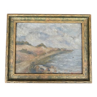Antique Hand Painted Framed Oil on Board Seaside Coastal Landscape Painting, Early 20th Century For Sale