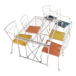 Vintage Mid-Century Modern Salterini Style Seasonal Outdoor Glass Top Table Dining Set - 7 Pieces For Sale