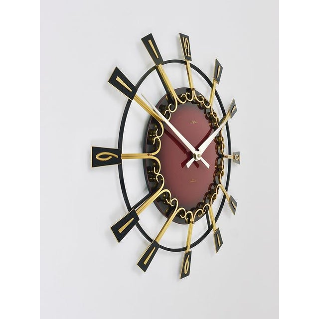 Large Mid-Century Brutalist Junghans Sunburst Wall Clock in Brass, Germany, 1950s For Sale - Image 4 of 16