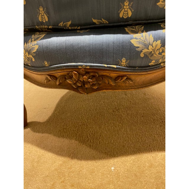 Antique French Petite Bergere Covered in Neoclassical Design Fabric For Sale - Image 4 of 11