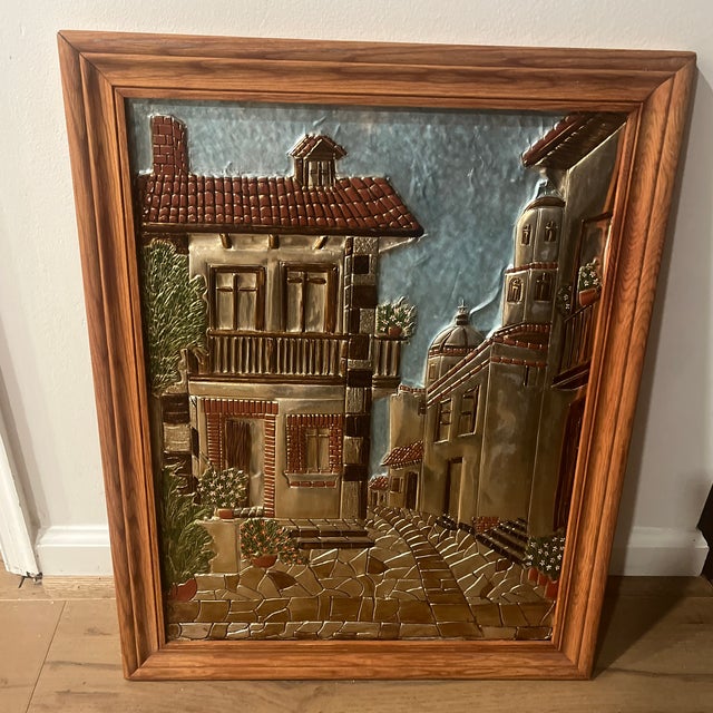 Metal Vintage Mediterranean Village Embossed Metal Relief Wall Art Wood Framed European Scene, Mid Century For Sale - Image 7 of 8