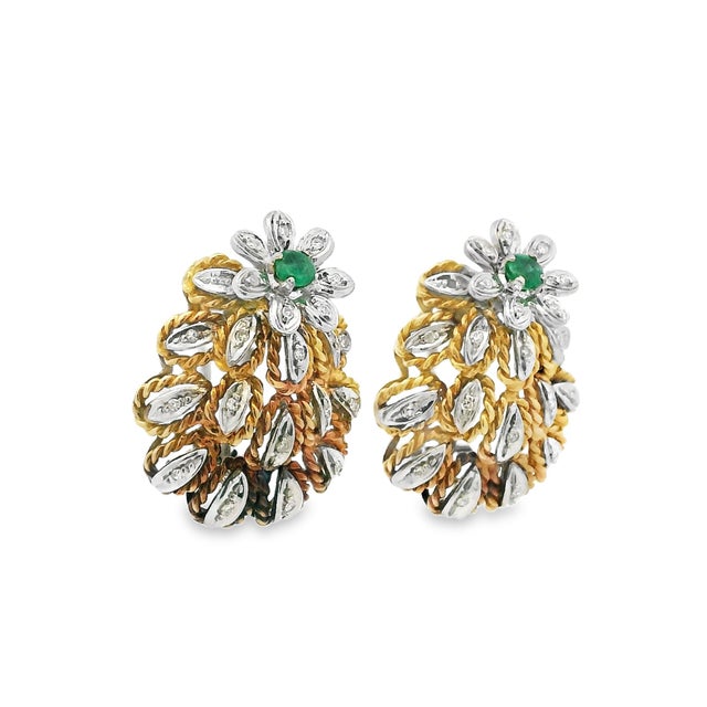 Mid 20th Century Mid 20th Century Mid-Century Italian 18k Gold Emerald & Diamond Earrings, A Pair For Sale - Image 5 of 10
