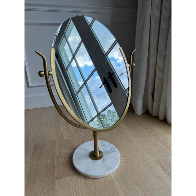 Charles Hollis Jones Vintage Oversized Brass & Carrara Marble Double-Sided Vanity Mirror Attributed to Charles Hollis Jones For Sale - Image 4 of 8