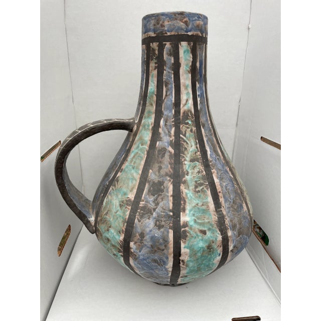 1950s Vintage 1950s Italian Mottled Blue Pottery Handled Vase For Sale - Image 5 of 13