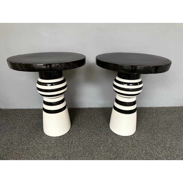 2020s Contemporary Pair of Black and White Ceramic Stripe Side Tables. Italy For Sale - Image 5 of 12