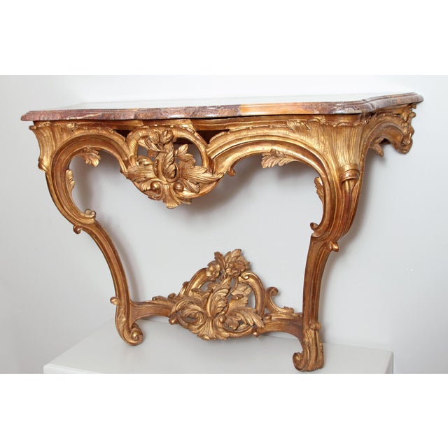 French Mid 18th Century Regence Period Sculpted and Gilded Wood Console With a Sarrancolin Marble Top For Sale - Image 3 of 8