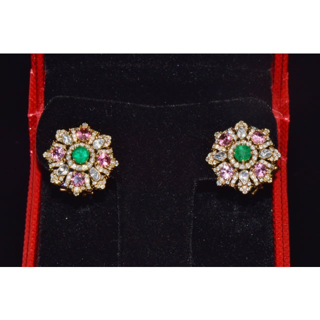 Late 20th Century Natural 4.89cts Diamond, Emerald & Pink Tourmaline 18k Gold Floral Earrings, Pair For Sale - Image 11 of 12
