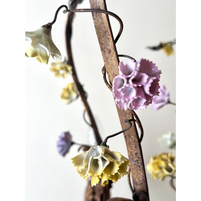 Italian Gilt Iron Five-Light Chandelier with Porcelain Flowers, 1930 For Sale - Image 10 of 18
