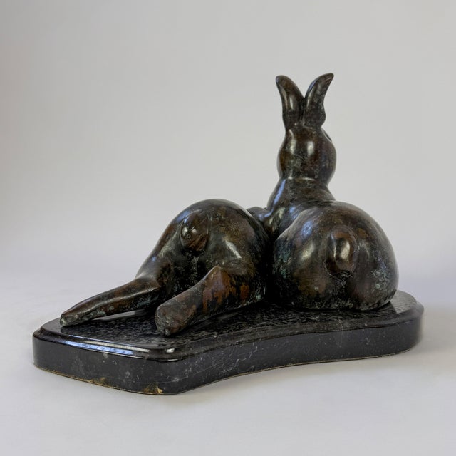 Large Bronze Rabbit Sculpture on Marble Base – Mother and Baby Hare - 19"l For Sale - Image 10 of 11
