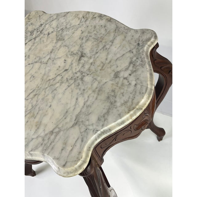 Late 19th Century Victorian Rococo Revival Carved Walnut & Marble Top Parlor Table For Sale - Image 13 of 15