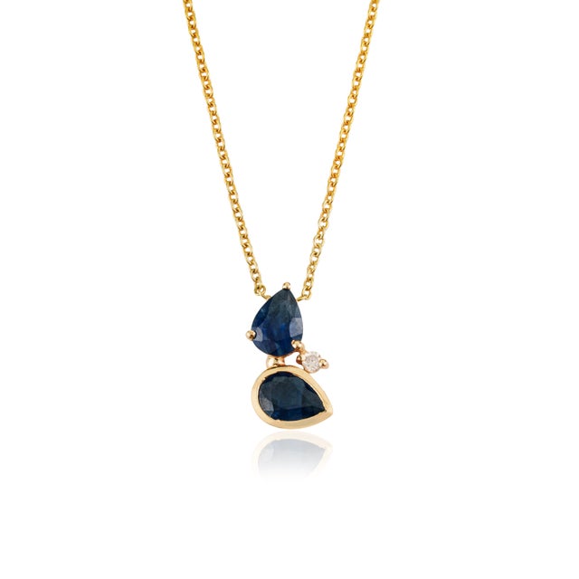 1.66ct Double Pear-Shaped Sapphire Diamond Pendant Necklace in 14k Yellow Gold For Sale - Image 4 of 15