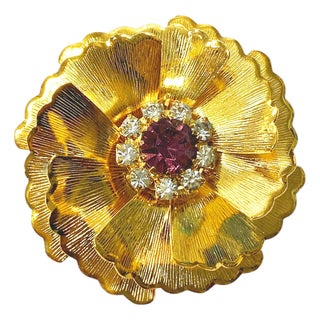 Vintage Elegant Gold Tone With Faux Ruby and Diamond Pin /Brooch For Sale