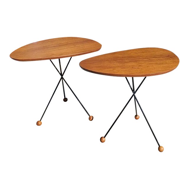 1950s Solid Walnut Side Tables Black Tripod Rod Iron Legs With Walnut Ball Feet - a Pair For Sale