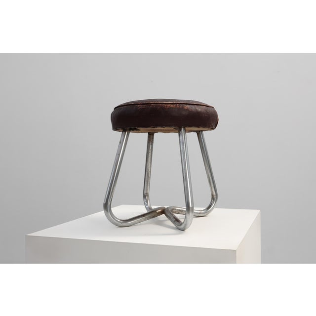Brown Bauhaus Modernist Stool with Chrome Tubular Frame and Leather Seat, Germany , 1920s For Sale - Image 8 of 11