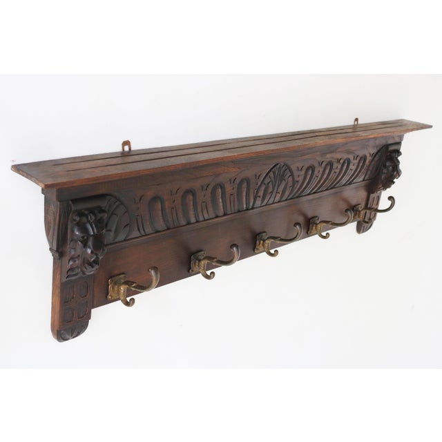 Antique Renaissance Revival Coat Rack with Lion Masks in Carved Oak, 1880 For Sale - Image 4 of 8
