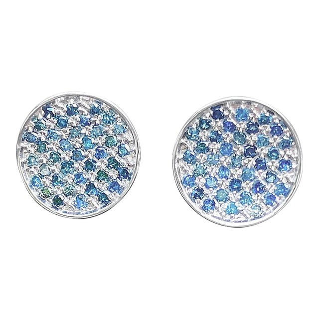 Round Blue Diamond Cluster Disc Stud Earrings in 18k White Gold For Sale