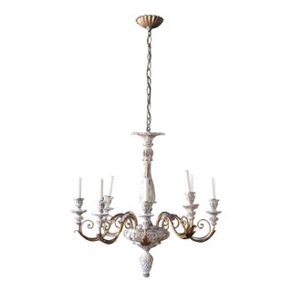 1940s Italian Rococo Revival Painted Wood & Gilt Wrought Iron 8-Light Chandelier For Sale