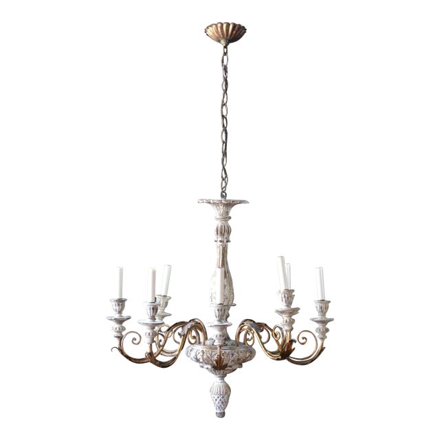 1940s Italian Rococo Revival Painted Wood & Gilt Wrought Iron 8-Light Chandelier For Sale