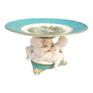Vintage Continental Porcelain Cherub Compote Tazza With Turquoise Ground For Sale