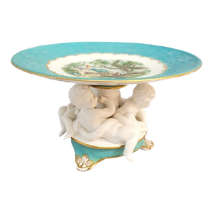 Vintage Continental Porcelain Cherub Compote Tazza With Turquoise Ground