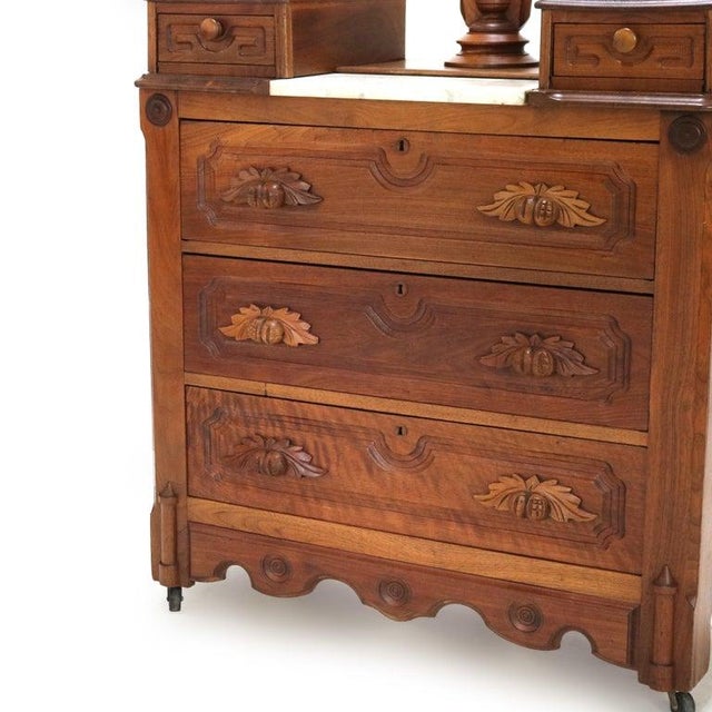 Wood Antique Victorian Carved Walnut Marble Top Dresser With Mirror Circa 1890 For Sale - Image 7 of 15